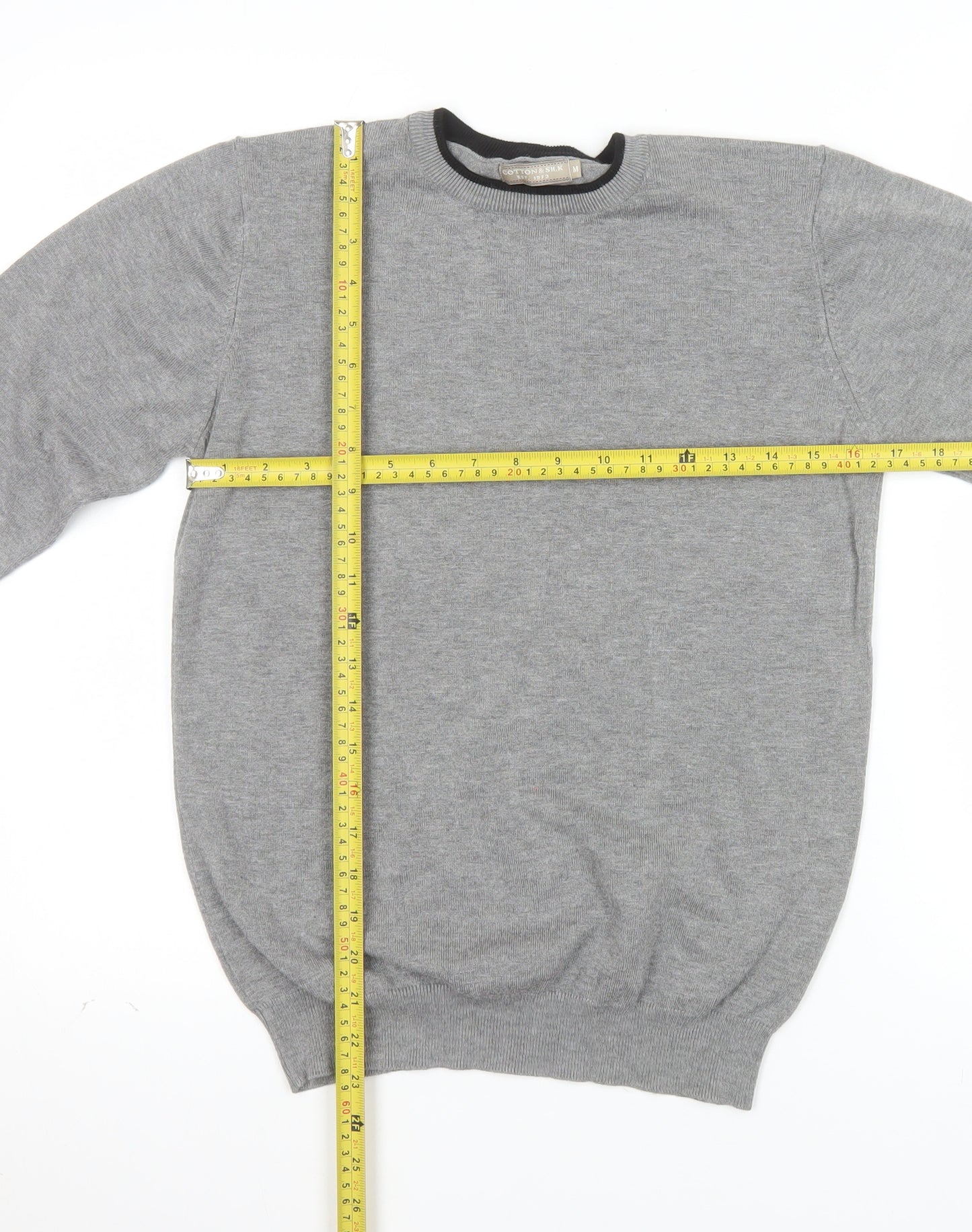 Cotton & Silk Men's Grey Crew Neck Pullover Jumper M