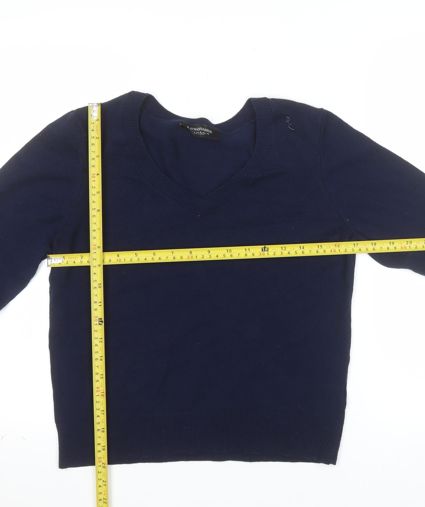 Stradivarius Women's Blue V-Neck Knit Jumper Size 12