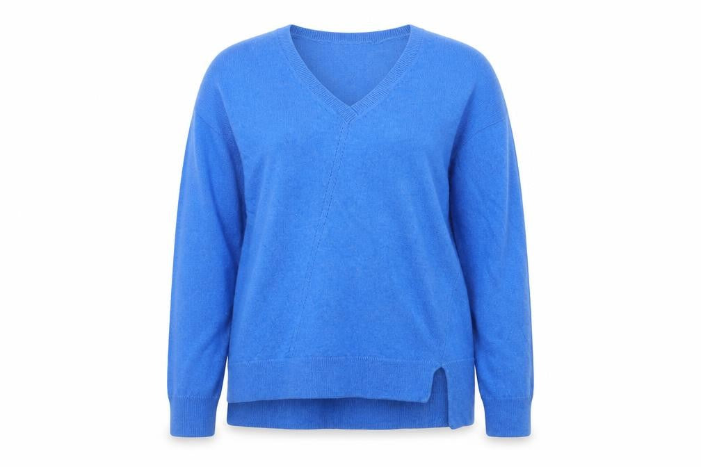 Front view of Capture Women’s Blue Lambswool V-Neck jumper, size L