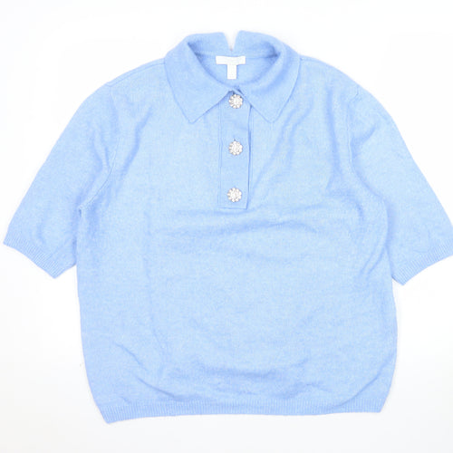 H&M Women Blue Collared Pullover Jumper S Beaded Buttons Soft Knit
