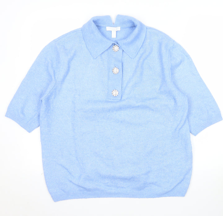 H&M Women Blue Collared Pullover Jumper S Beaded Buttons Soft Knit