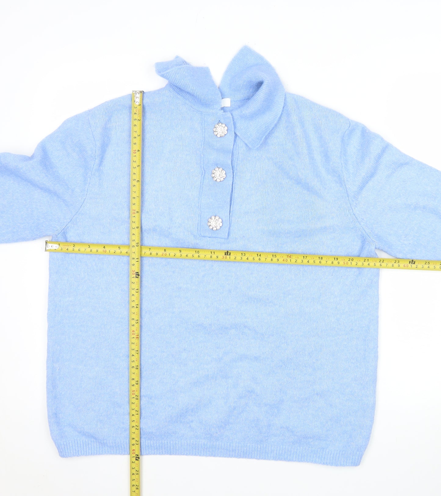 H&M Women Blue Collared Pullover Jumper S Beaded Buttons Soft Knit