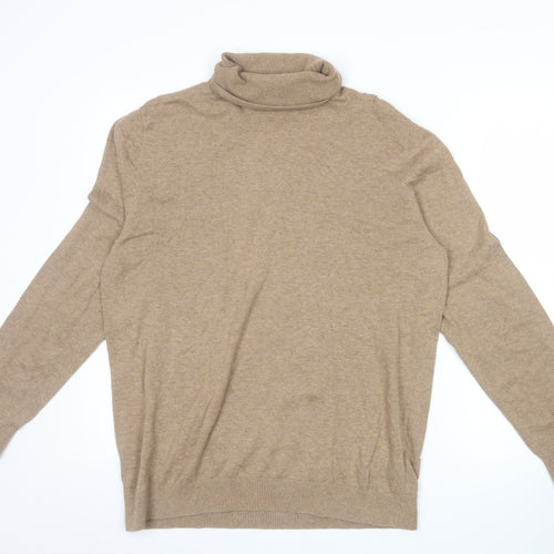 H&M Men’s Beige Slim Fit Roll Neck Jumper Size L Cotton Cashmere