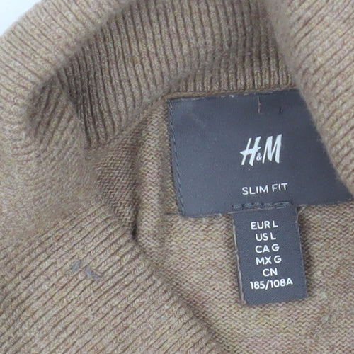 H&M Men’s Beige Slim Fit Roll Neck Jumper Size L Cotton Cashmere