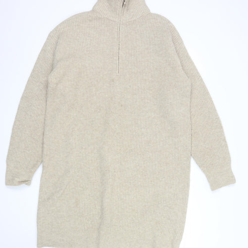 Uniqlo Women Beige Wool Blend 1/4 Zip Knit Jumper Size M