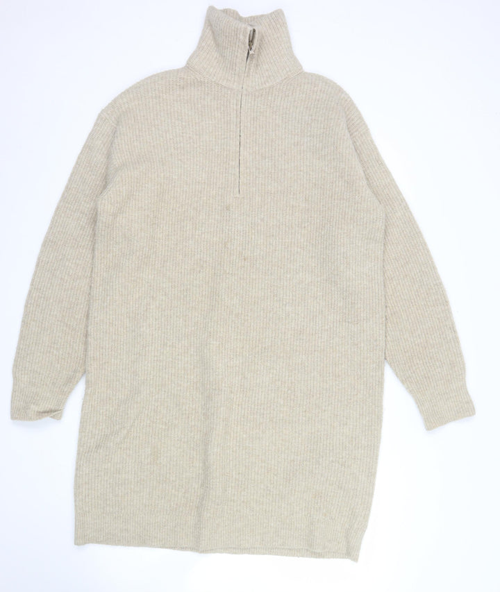 Uniqlo Women Beige Wool Blend 1/4 Zip Knit Jumper Size M
