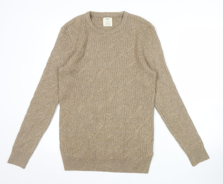 Marks and Spencer Men’s Beige XS Cable-Knit Crew Neck Jumper