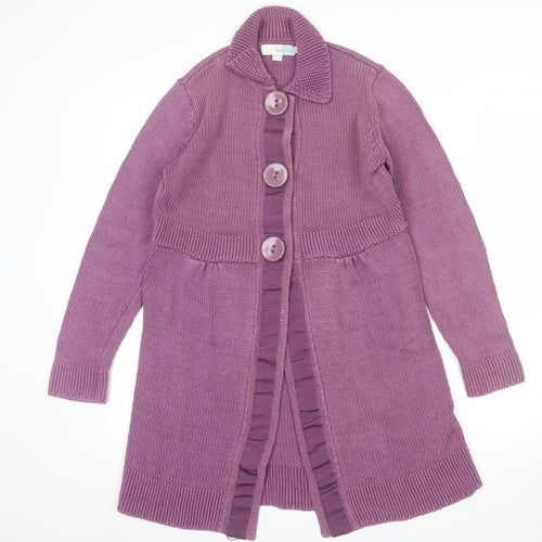 Boden Women Purple Collared Long Cardigan Knit Size 14 Cotton