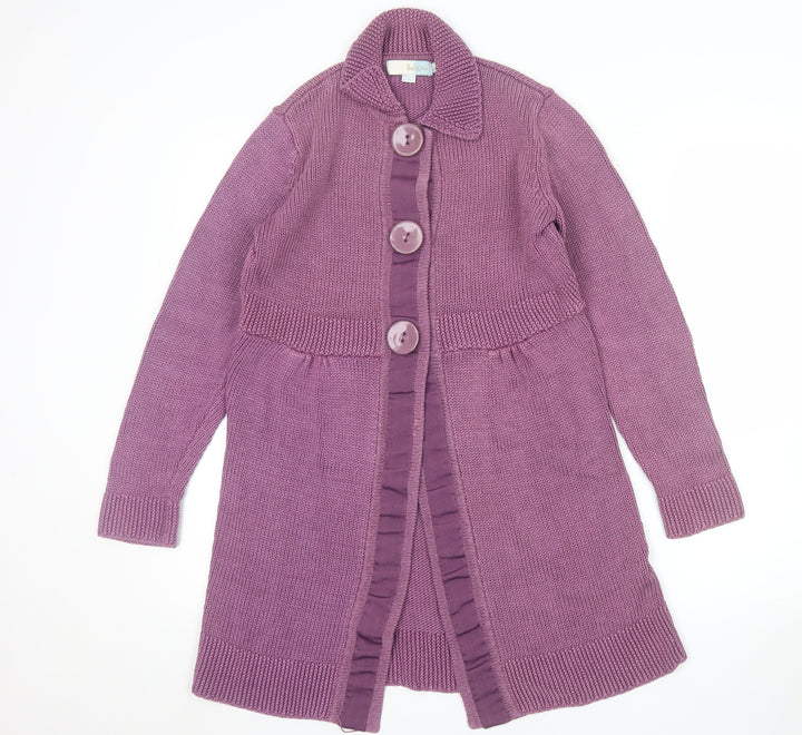 Boden Women Purple Collared Long Cardigan Knit Size 14 Cotton