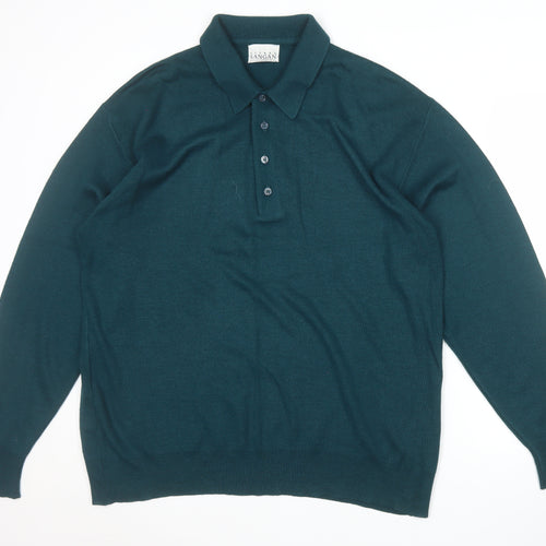 Pierre Sangan Men's Green Wool Blend Collared Henley Jumper L