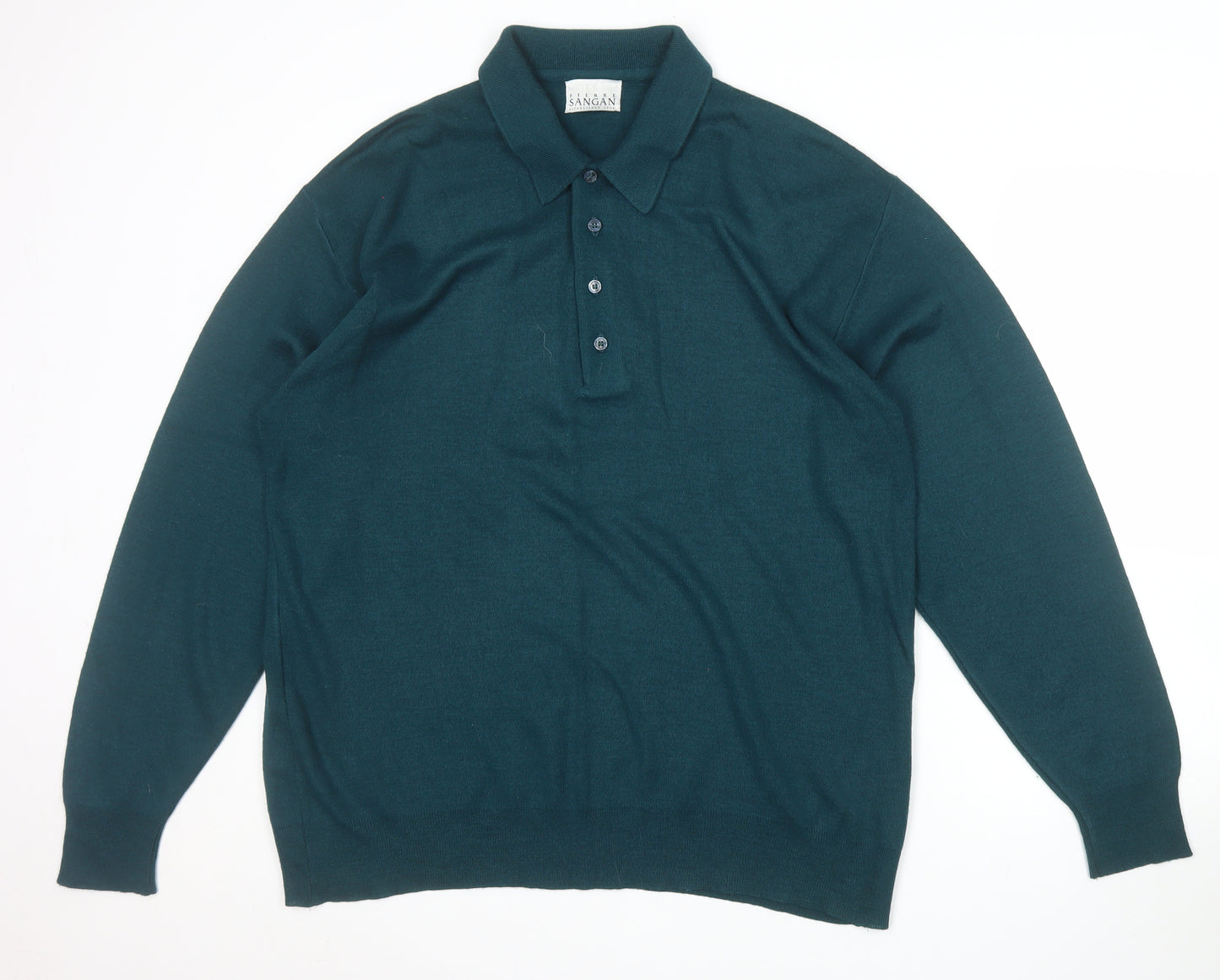 Pierre Sangan Men's Green Wool Blend Collared Henley Jumper L