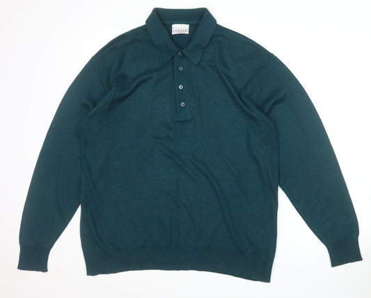 Pierre Sangan Men's Green Wool Blend Collared Henley Jumper L