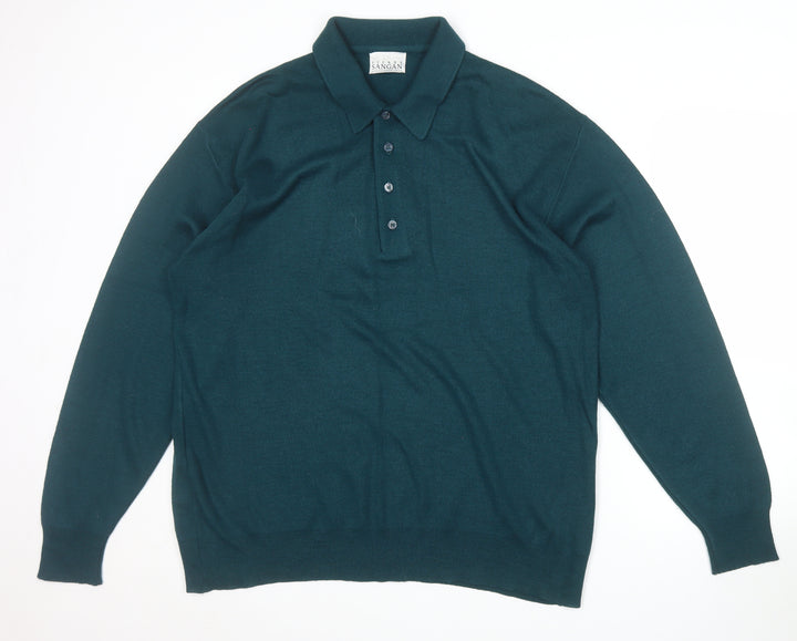 Pierre Sangan Men's Green Wool Blend Collared Henley Jumper L
