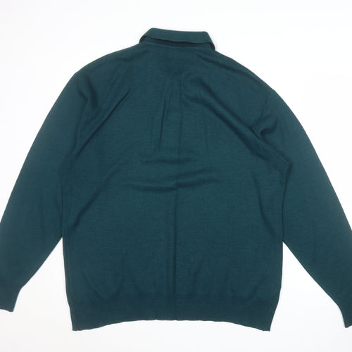 Pierre Sangan Men's Green Wool Blend Collared Henley Jumper L