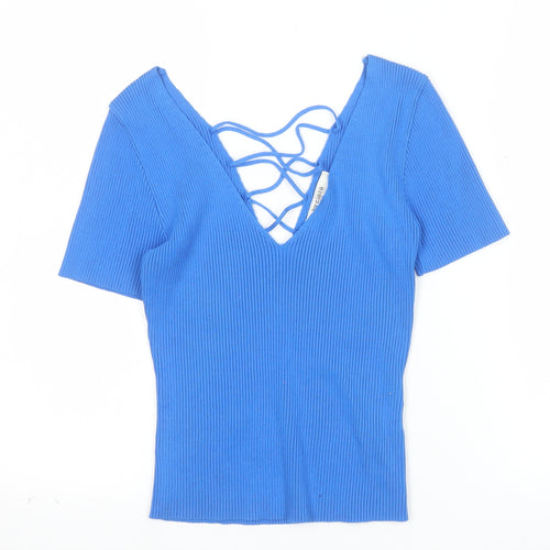 By Clara Paris Women’s Blue Cropped Ribbed Short Sleeve V-Neck Top M