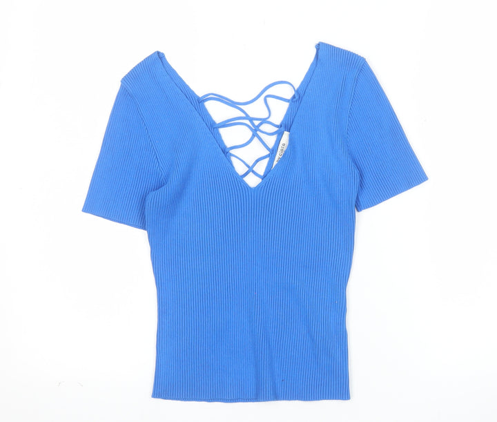 By Clara Paris Women’s Blue Cropped Ribbed Short Sleeve V-Neck Top M