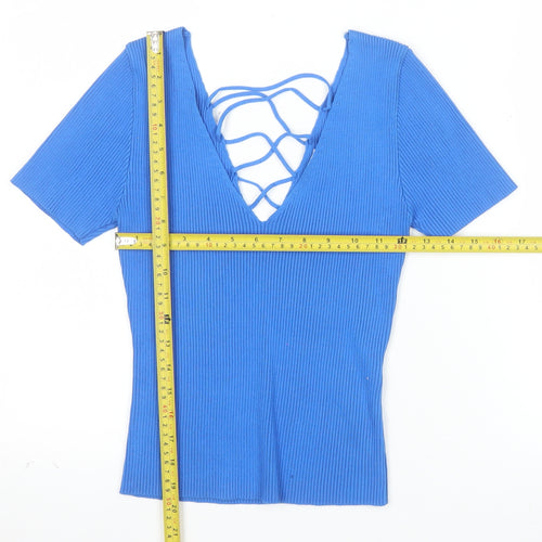By Clara Paris Women’s Blue Cropped Ribbed Short Sleeve V-Neck Top M