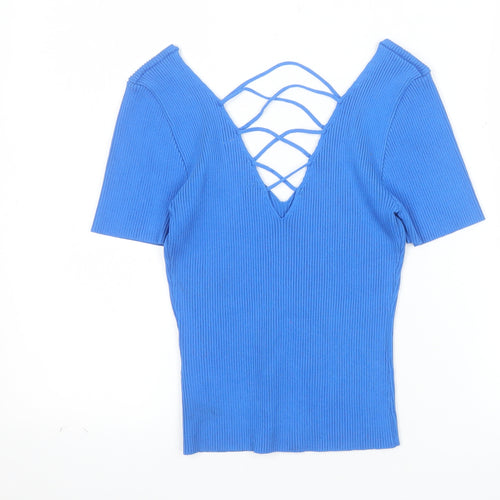 By Clara Paris Women’s Blue Cropped Ribbed Short Sleeve V-Neck Top M