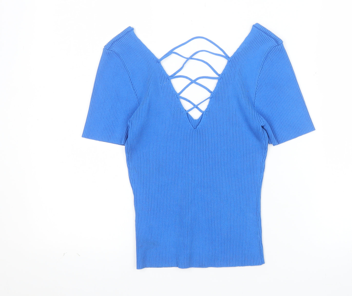 By Clara Paris Women’s Blue Cropped Ribbed Short Sleeve V-Neck Top M