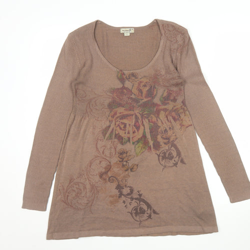 One World Womens Brown Floral Tunic Jumper Size M Scoop Neck Knit
