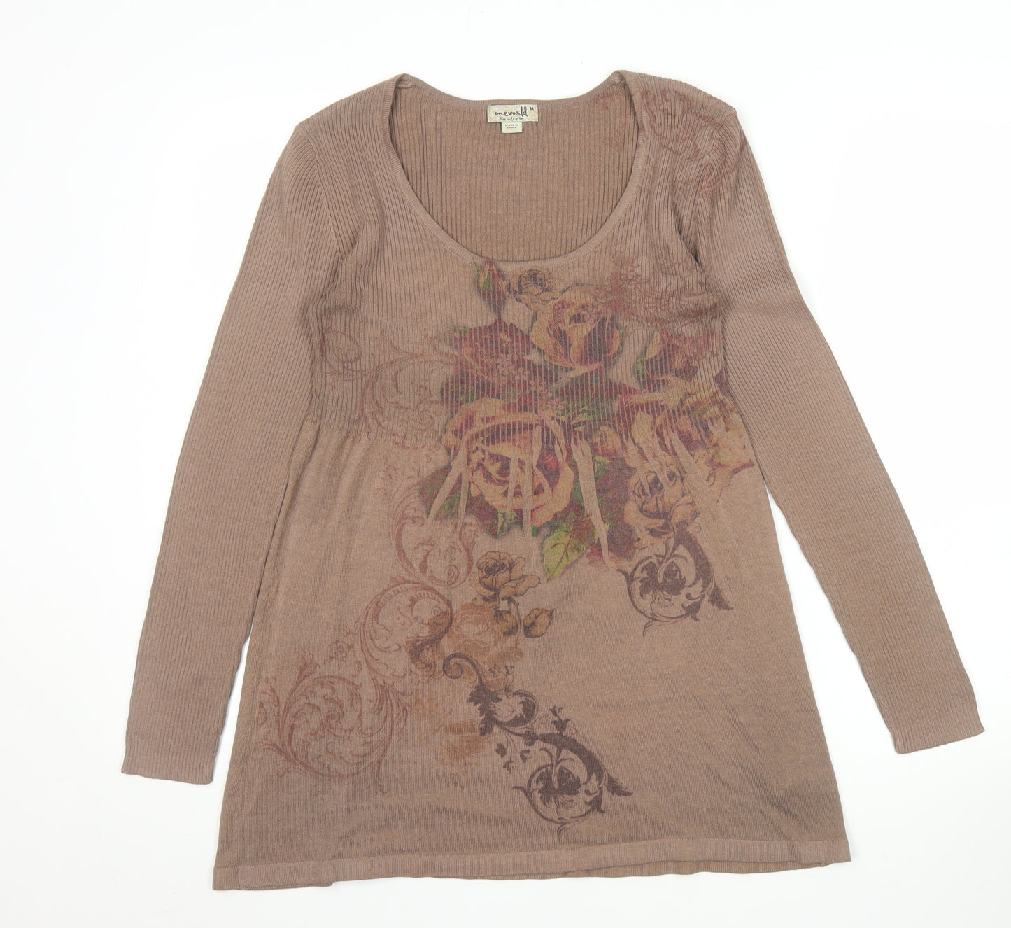 One World Womens Brown Floral Tunic Jumper Size M Scoop Neck Knit