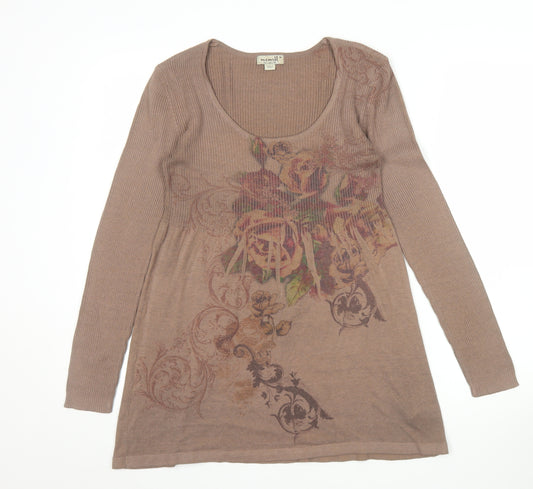 One World Womens Brown Floral Tunic Jumper Size M Scoop Neck Knit