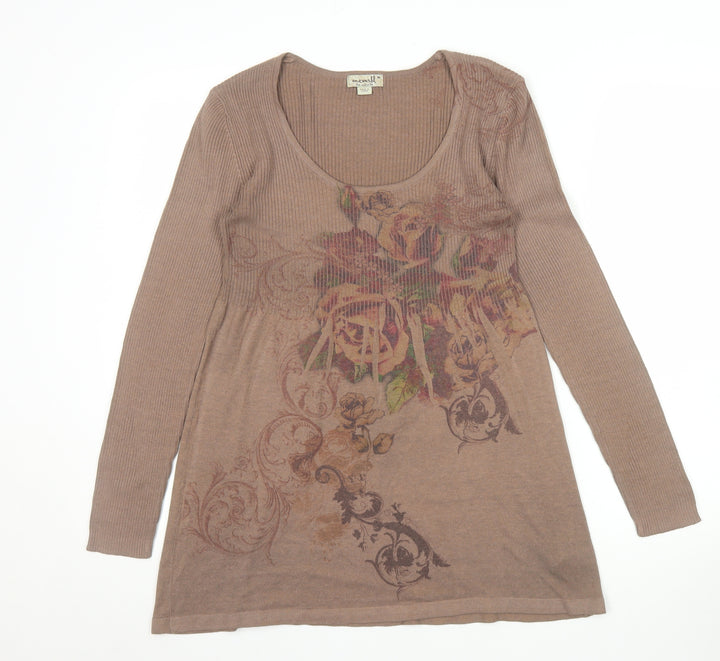 One World Womens Brown Floral Tunic Jumper Size M Scoop Neck Knit