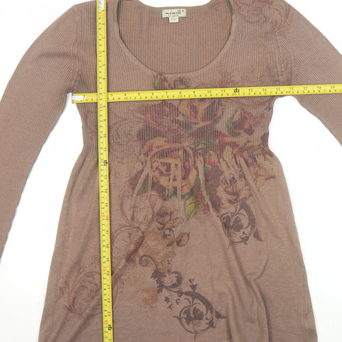 One World Womens Brown Floral Tunic Jumper Size M Scoop Neck Knit