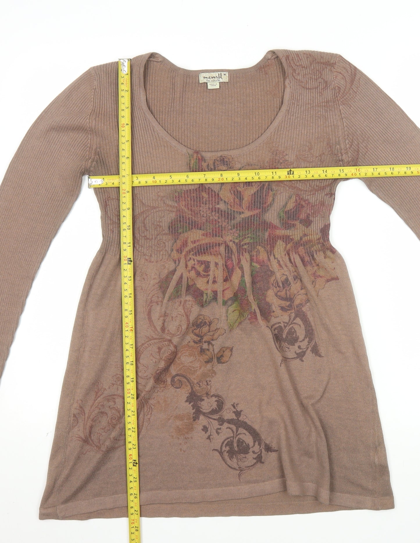 One World Womens Brown Floral Tunic Jumper Size M Scoop Neck Knit