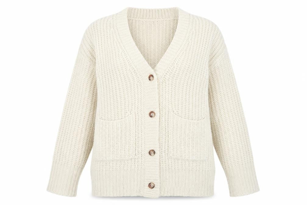Front view of Boohoo Women’s Beige L Chunky Knit Button Cardigan