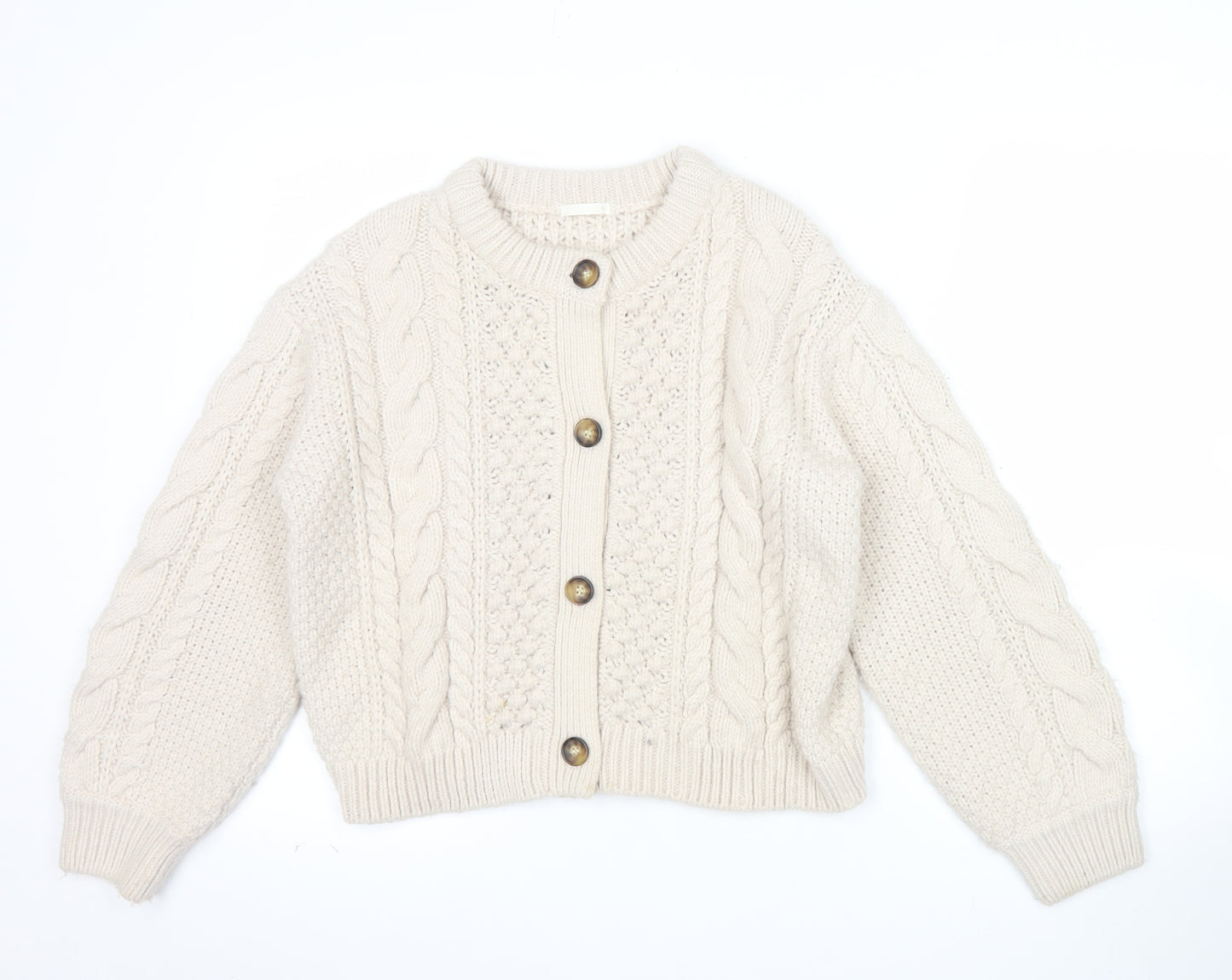 GU Womens Beige Cable Knit Button Cardigan M Chunky Knit Jumper