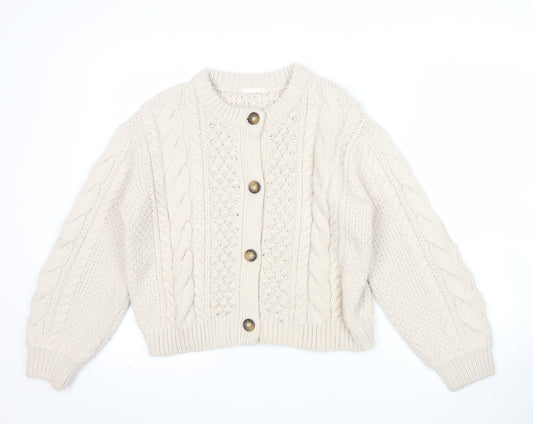 GU Womens Beige Cable Knit Button Cardigan M Chunky Knit Jumper