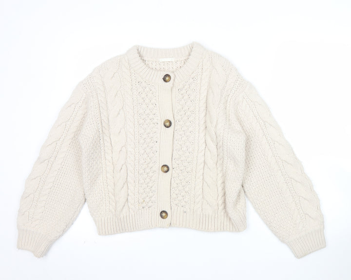 GU Womens Beige Cable Knit Button Cardigan M Chunky Knit Jumper