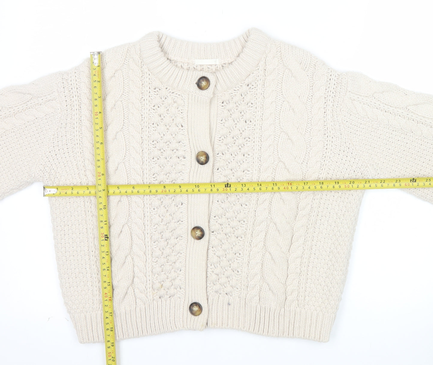 GU Womens Beige Cable Knit Button Cardigan M Chunky Knit Jumper