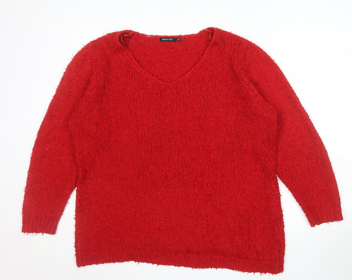 Brave Soul Women's Red V-Neck Chunky Knit Pullover Jumper Size 22