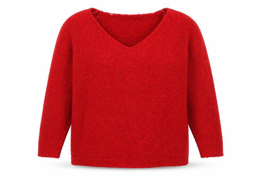 Front view of Brave Soul Women's Red V-Neck Chunky Knit jumper, size 22
