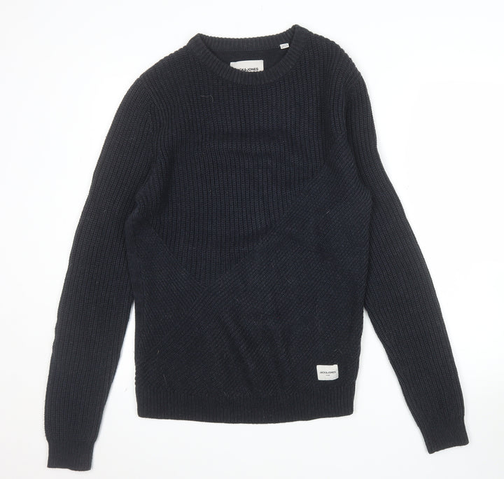 Jack & Jones Mens Black Chunky Knit Crew Neck Jumper M