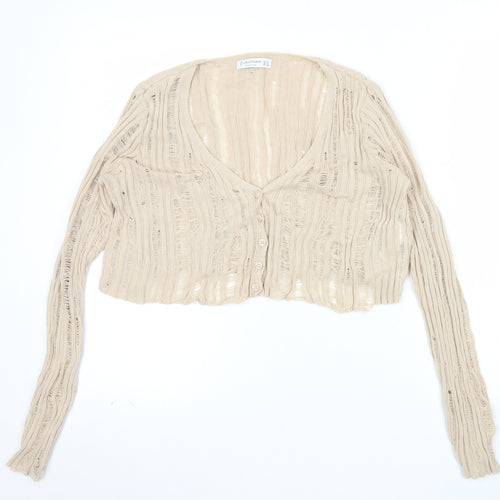 Stradivarius Women’s Beige Open-Knit Cardigan M V-Neck Button Front