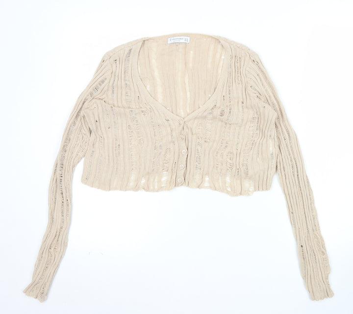 Stradivarius Women’s Beige Open-Knit Cardigan M V-Neck Button Front