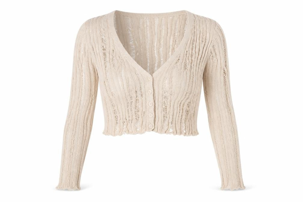 Front view of Stradivarius Women’s Beige Open-Knit Cardigan M V-Neck Button Front