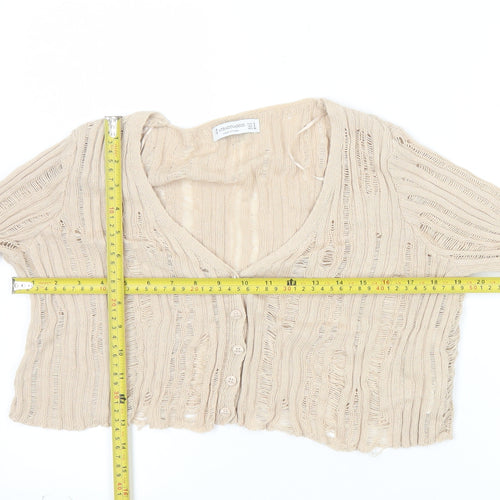 Stradivarius Women’s Beige Open-Knit Cardigan M V-Neck Button Front