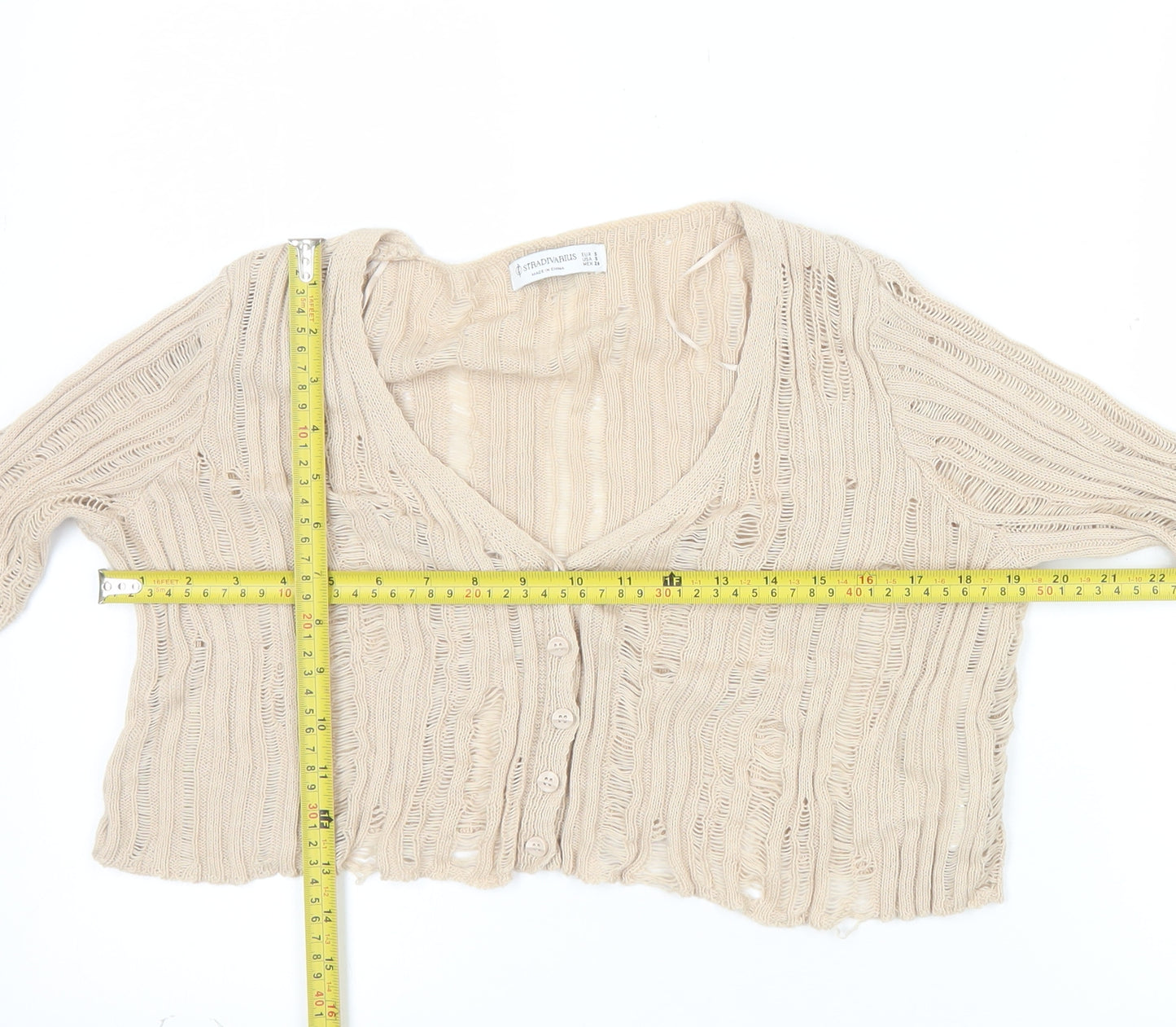 Stradivarius Women’s Beige Open-Knit Cardigan M V-Neck Button Front