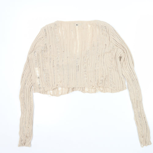 Stradivarius Women’s Beige Open-Knit Cardigan M V-Neck Button Front