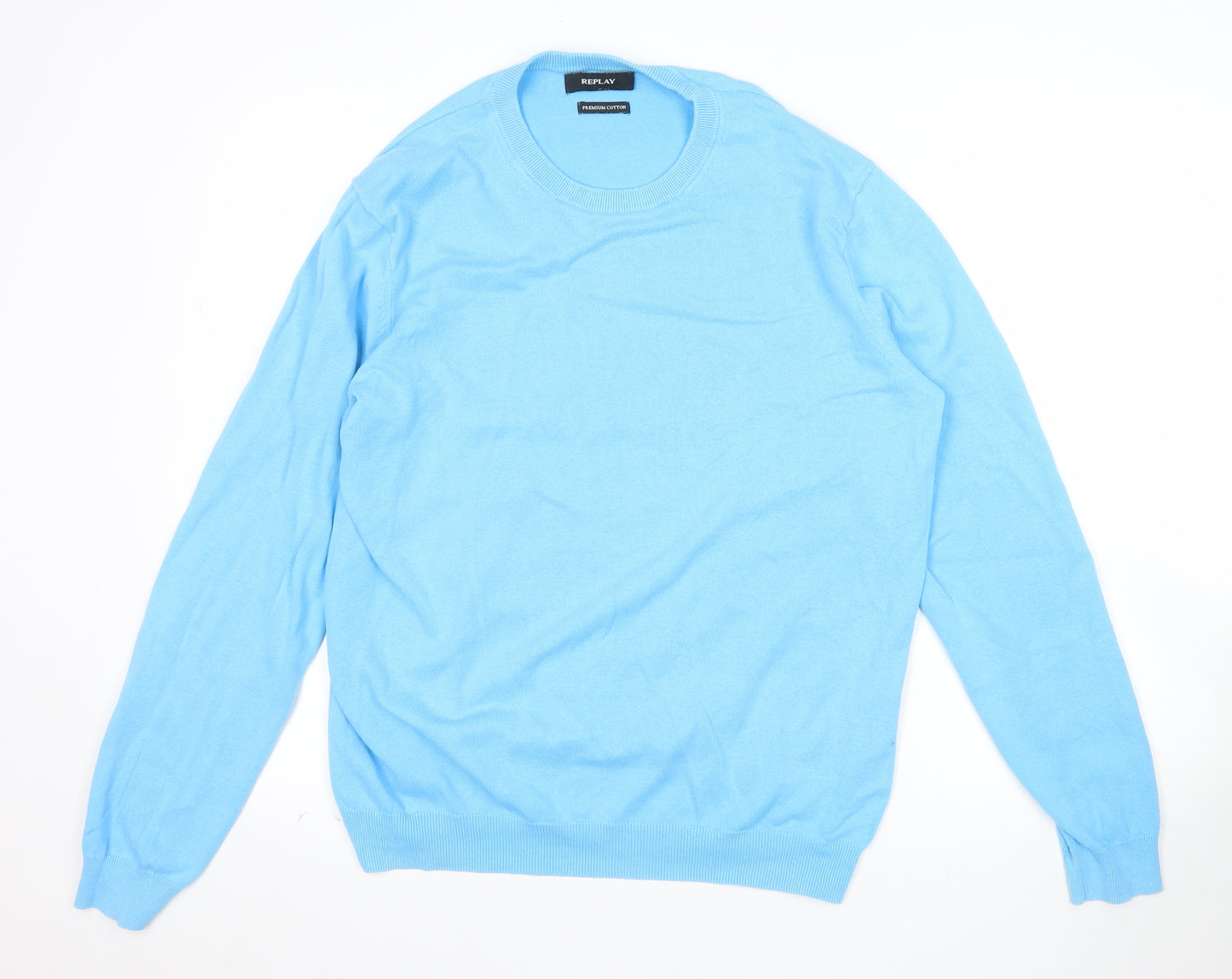 Replay Mens Blue Cotton Crew Neck Jumper Size L