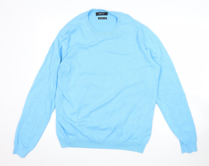 Replay Mens Blue Cotton Crew Neck Jumper Size L