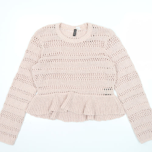 H&M Women Pink Open-Knit Cotton Jumper Size 12 Ruffle Hem Pullover