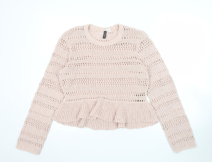 H&M Women Pink Open-Knit Cotton Jumper Size 12 Ruffle Hem Pullover