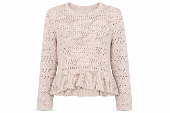 H&M Women Pink Open-Knit Cotton Jumper Size 12 Ruffle Hem Pullover