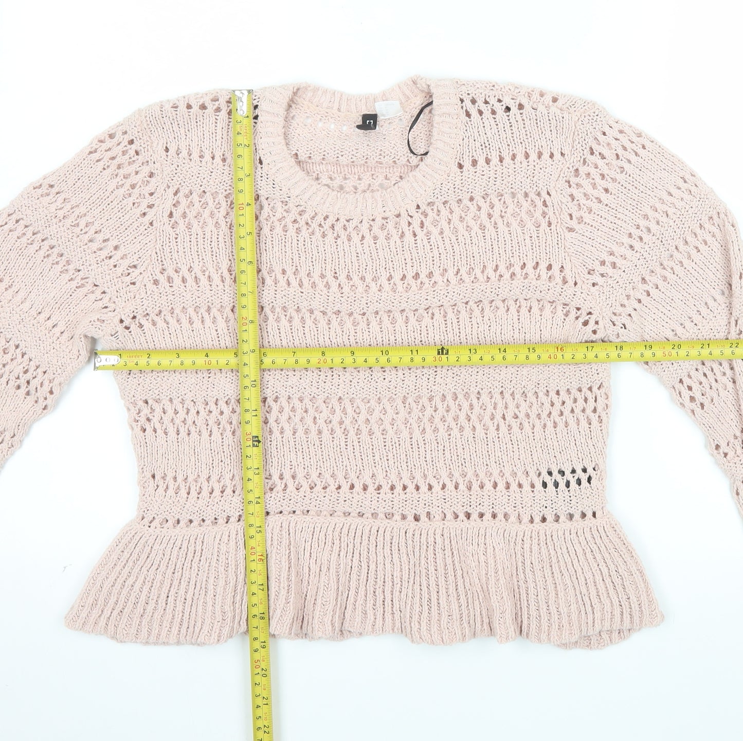 H&M Women Pink Open-Knit Cotton Jumper Size 12 Ruffle Hem Pullover