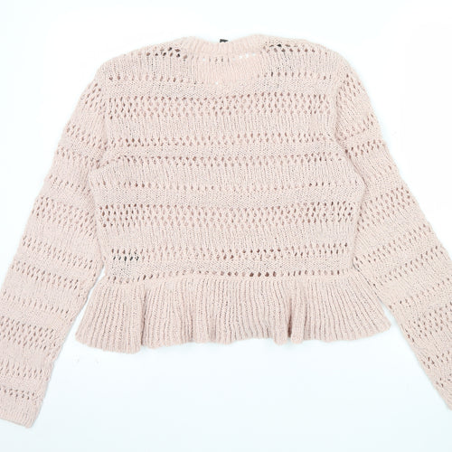 H&M Women Pink Open-Knit Cotton Jumper Size 12 Ruffle Hem Pullover